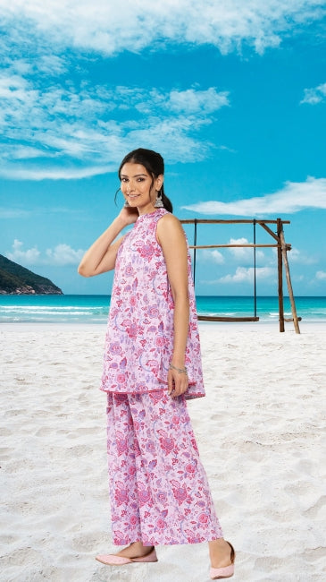 Pink Crepe Digital Printed Sleeveless Co-ord Set for Women – Flared Top with Wide-Leg Pants