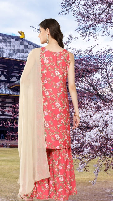 Digital Floral Printed Kurta with Sharara and Dupatta Set for Women (L and XL)