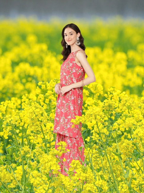 Digital Floral Printed Kurta with Sharara and Dupatta Set for Women (L and XL)