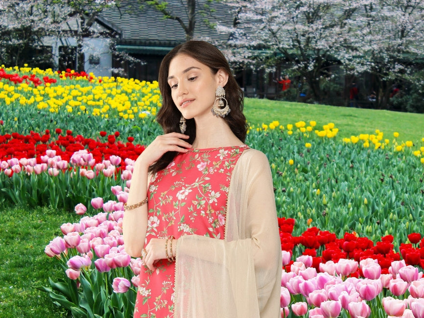 Digital Floral Printed Kurta with Sharara and Dupatta Set for Women (L and XL)