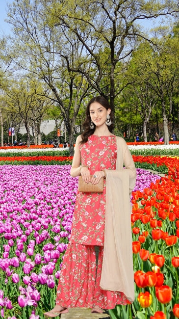 Digital Floral Printed Kurta with Sharara and Dupatta Set for Women (L and XL)