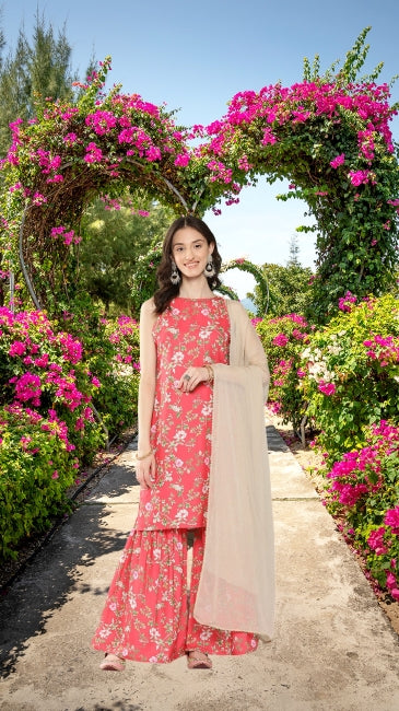 Digital Floral Printed Kurta with Sharara and Dupatta Set for Women (L and XL)