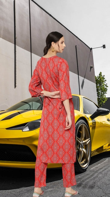 Red Digital Ethnic Printed Kurta with Pant Set for Women – Straight Fit