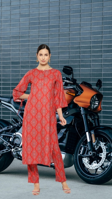 Red Digital Ethnic Printed Kurta with Pant Set for Women – Straight Fit