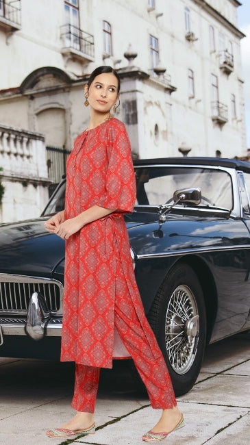 Red Digital Ethnic Printed Kurta with Pant Set for Women – Straight Fit