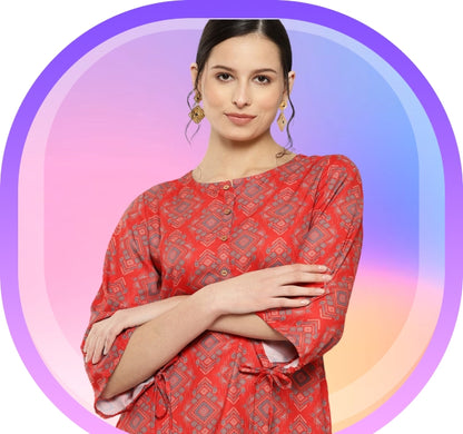 Red Digital Ethnic Printed Kurta with Pant Set for Women – Straight Fit