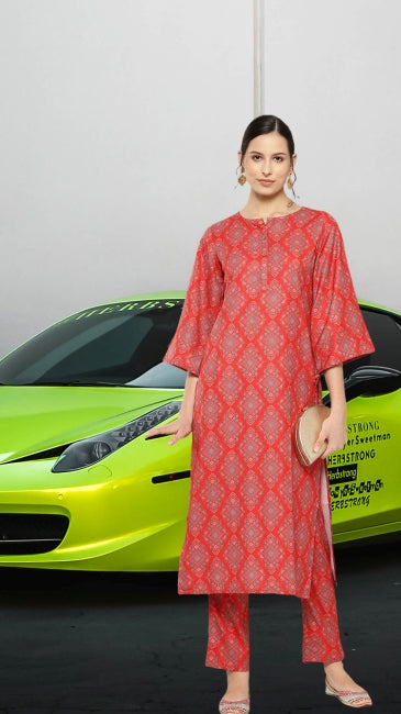 Red Digital Ethnic Printed Kurta with Pant Set for Women – Straight Fit