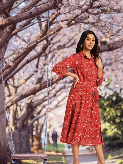 Women’s Georgette Printed Shirt Style Midi Dress with Waist Belt – Sizes M to 3XL