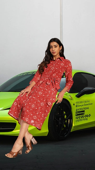 Women’s Georgette Printed Shirt Style Midi Dress with Waist Belt – Sizes M to 3XL