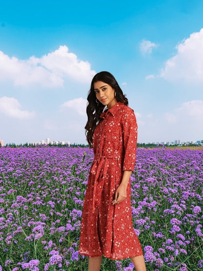 Women’s Georgette Printed Shirt Style Midi Dress with Waist Belt – Sizes M to 3XL
