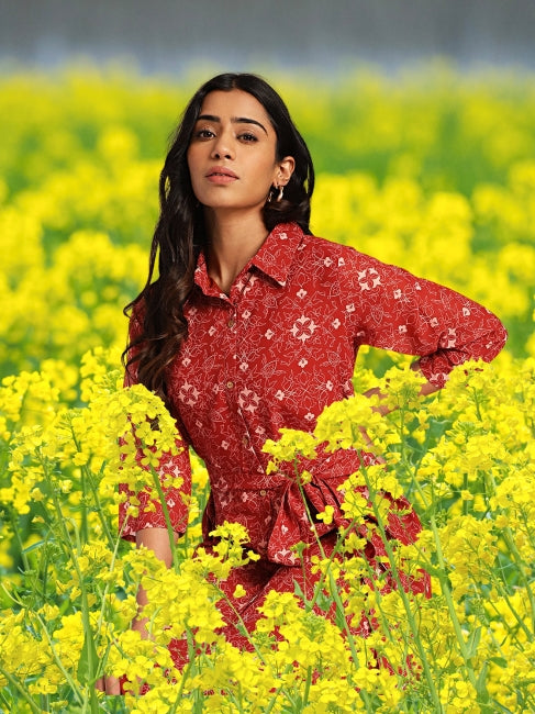 Women’s Georgette Printed Shirt Style Midi Dress with Waist Belt – Sizes M to 3XL