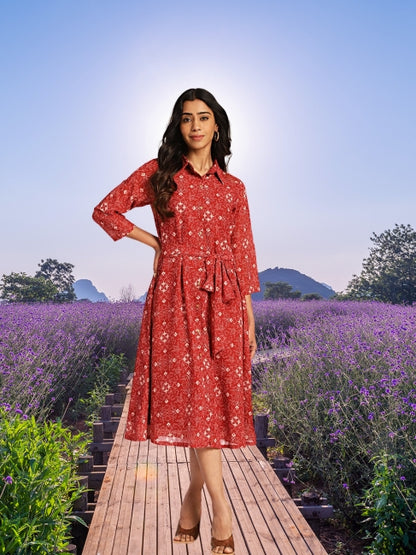 Women’s Georgette Printed Shirt Style Midi Dress with Waist Belt – Sizes M to 3XL