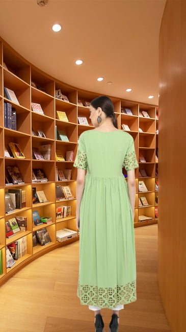 Green Crepe Gold Printed Flared Kurta for Women with Short Sleeves – M to 3XL