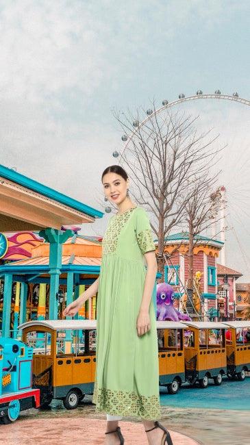 Green Crepe Gold Printed Flared Kurta for Women with Short Sleeves – M to 3XL