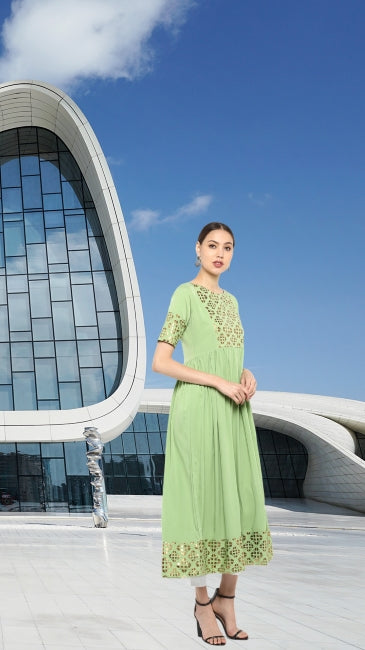 Green Crepe Gold Printed Flared Kurta for Women with Short Sleeves – M to 3XL