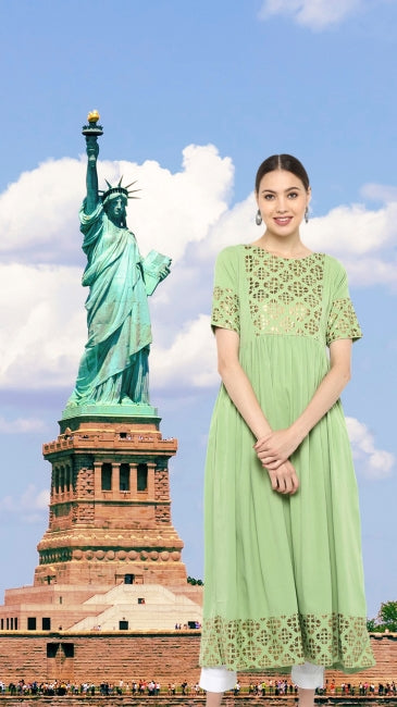 Green Crepe Gold Printed Flared Kurta for Women with Short Sleeves – M to 3XL