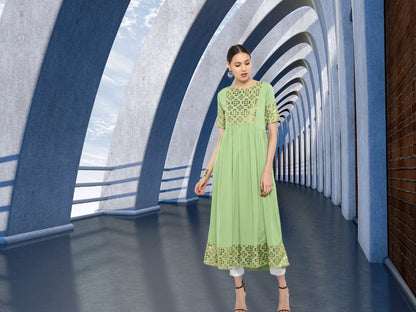 Green Crepe Gold Printed Flared Kurta for Women with Short Sleeves – M to 3XL