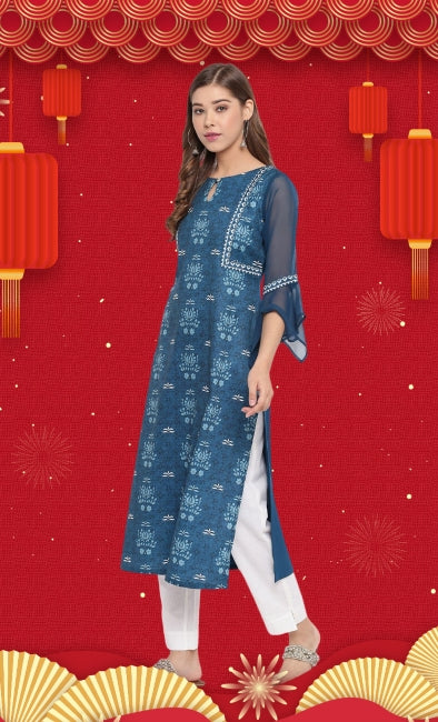 Teal Crepe Digital Printed Straight Kurta for Women with Flared Sleeves – S to 2XL