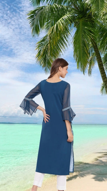 Teal Crepe Digital Printed Straight Kurta for Women with Flared Sleeves – S to 2XL