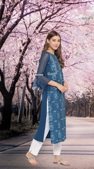 Teal Crepe Digital Printed Straight Kurta for Women with Flared Sleeves – S to 2XL