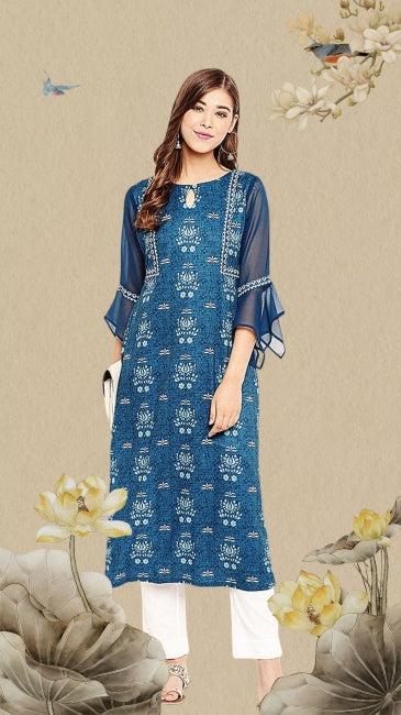 Teal Crepe Digital Printed Straight Kurta for Women with Flared Sleeves – S to 2XL