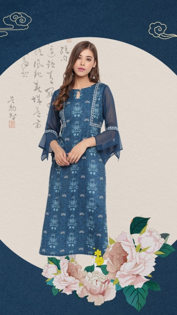 Teal Crepe Digital Printed Straight Kurta for Women with Flared Sleeves – S to 2XL