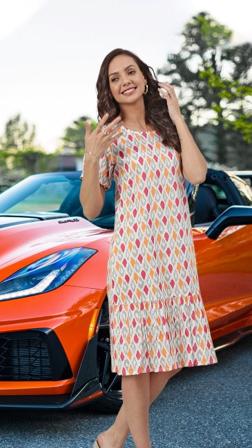 Women’s Off-White Cotton A-Line Western Dress with Printed Pattern – Sizes M to 2XL