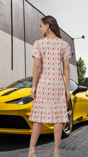 Women’s Off-White Cotton A-Line Western Dress with Printed Pattern – Sizes M to 2XL