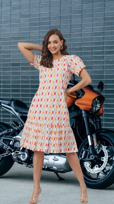 Women’s Off-White Cotton A-Line Western Dress with Printed Pattern – Sizes M to 2XL