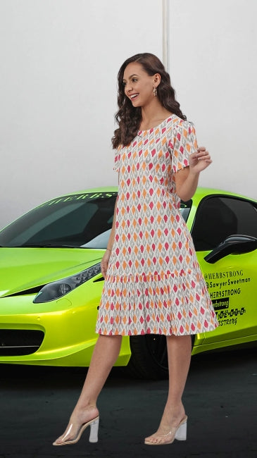 Women’s Off-White Cotton A-Line Western Dress with Printed Pattern – Sizes M to 2XL