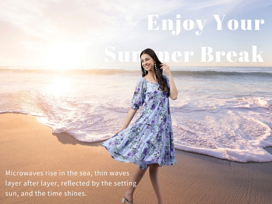 Women’s Lavender Georgette Floral Printed Tiered Midi Dress – Sizes M & 2XL