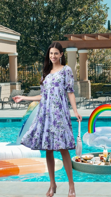 Women’s Lavender Georgette Floral Printed Tiered Midi Dress – Sizes M & 2XL