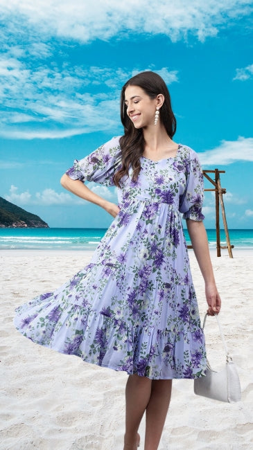 Women’s Lavender Georgette Floral Printed Tiered Midi Dress – Sizes M & 2XL