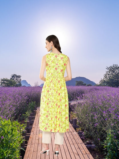 Lemon Moss Digital Floral Printed Gathered Kurta for Women – XL