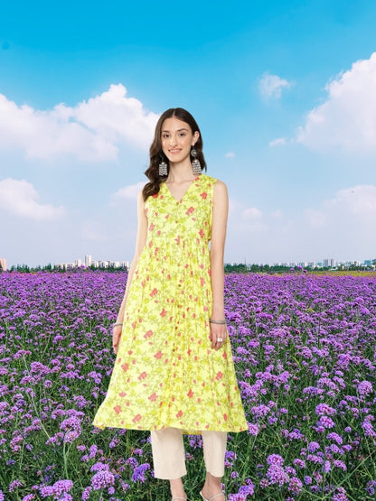 Lemon Moss Digital Floral Printed Gathered Kurta for Women – XL