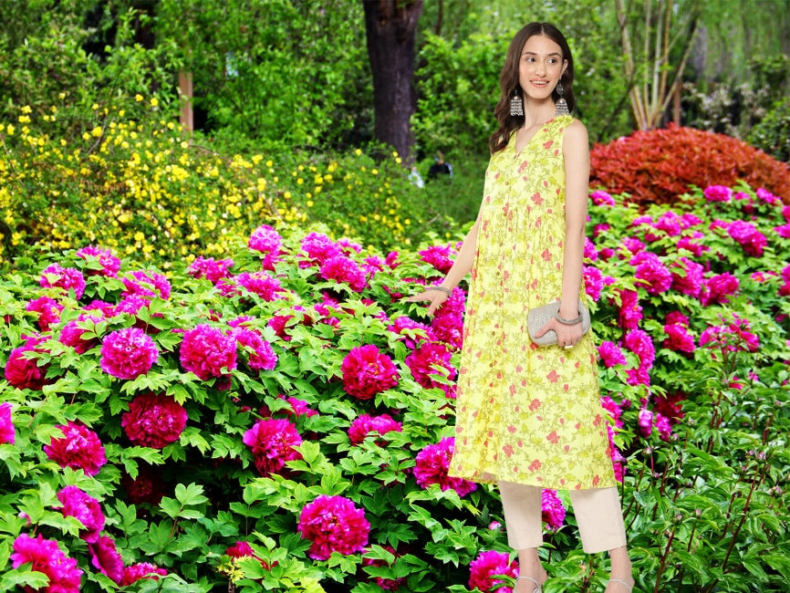 Lemon Moss Digital Floral Printed Gathered Kurta for Women – XL