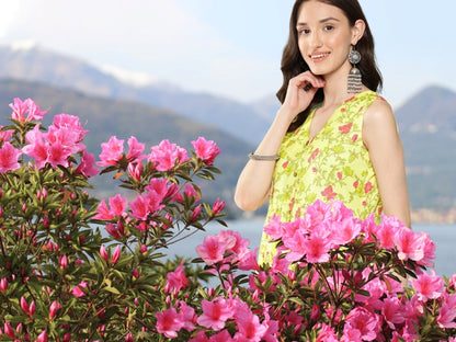 Lemon Moss Digital Floral Printed Gathered Kurta for Women – XL
