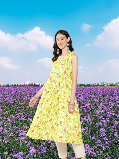 Lemon Moss Digital Floral Printed Gathered Kurta for Women – XL
