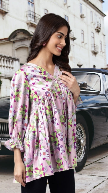 Women’s Lavender Satin Digital Floral Printed Flared Top – Sizes M to 2XL