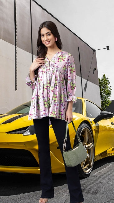 Women’s Lavender Satin Digital Floral Printed Flared Top – Sizes M to 2XL