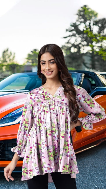 Women’s Lavender Satin Digital Floral Printed Flared Top – Sizes M to 2XL