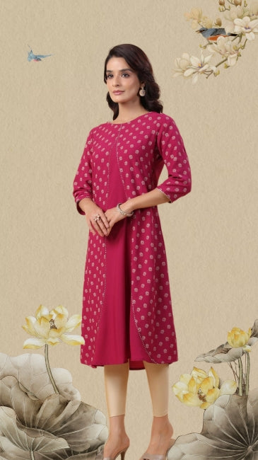 Wine Crepe Floral Printed A-Line Kurta for Women with 3/4th Sleeves – M to 2XL