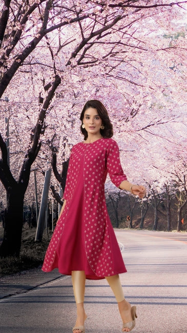 Wine Crepe Floral Printed A-Line Kurta for Women with 3/4th Sleeves – M to 2XL