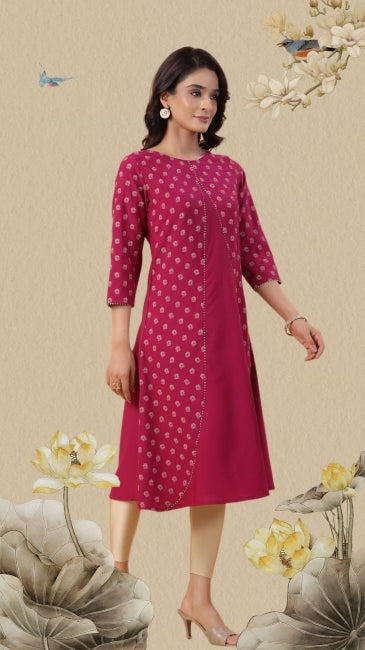 Wine Crepe Floral Printed A-Line Kurta for Women with 3/4th Sleeves – M to 2XL