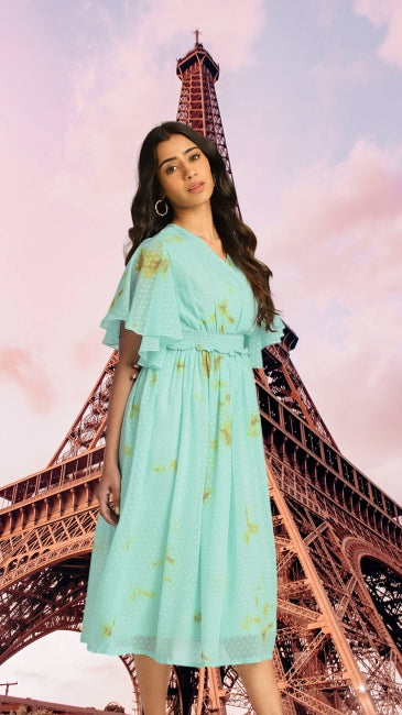 Women’s Green Dobby Georgette Tie-Dye Fit & Flare Midi Dress – Sizes M & L