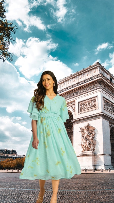 Women’s Green Dobby Georgette Tie-Dye Fit & Flare Midi Dress – Sizes M & L