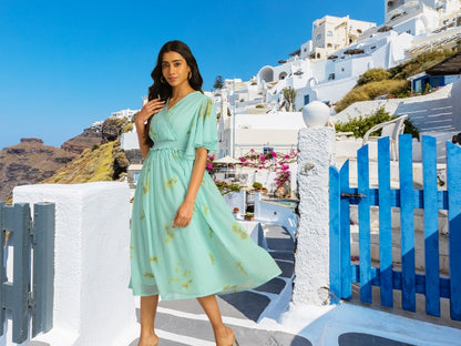 Women’s Green Dobby Georgette Tie-Dye Fit & Flare Midi Dress – Sizes M & L