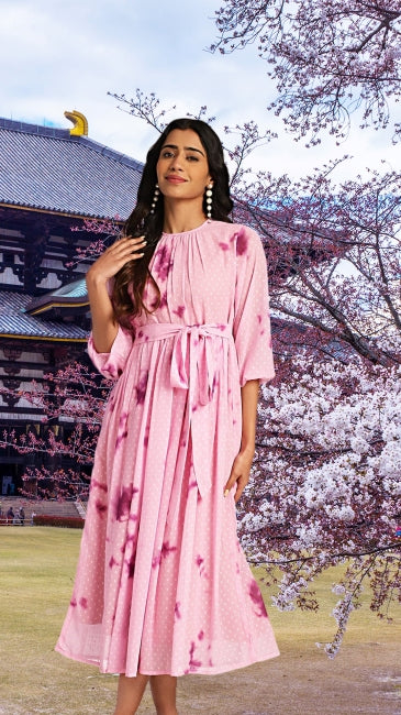 Women’s Pink Dobby Georgette Tie-Dye Fit & Flare Dress – Sizes M & L