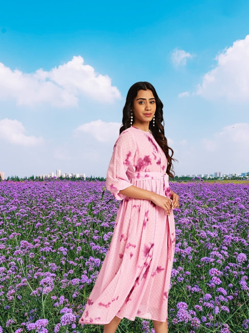 Women’s Pink Dobby Georgette Tie-Dye Fit & Flare Dress – Sizes M & L