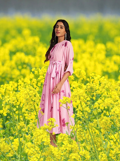 Women’s Pink Dobby Georgette Tie-Dye Fit & Flare Dress – Sizes M & L